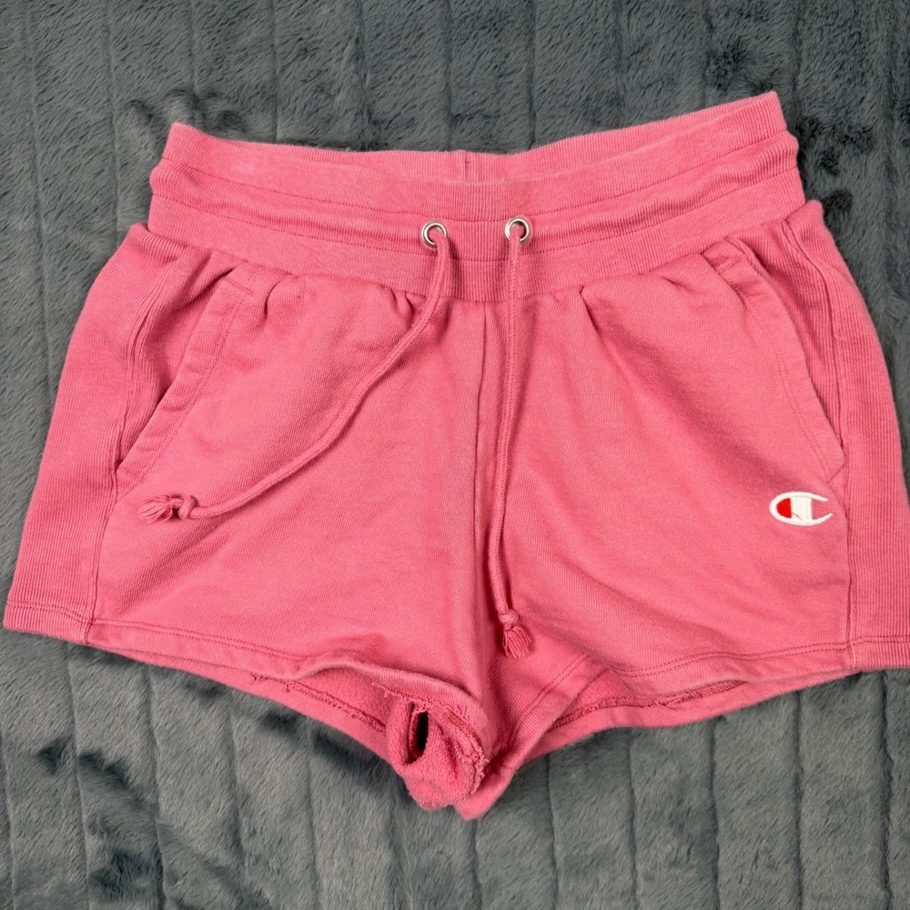Champion Reverse Weave Pink Sweat Shorts Womens Medium ML906 Drawstring Fleece